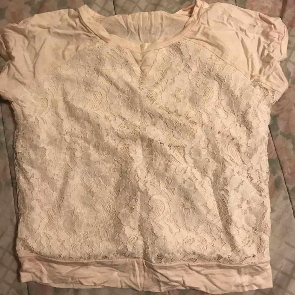 Medium Crop Top with white lace and tan shirt.